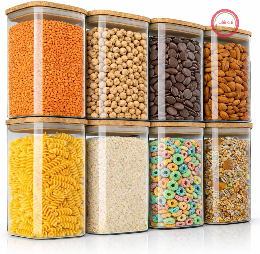 Arendo - شیشه‌های نگهداری با درب 1650 میلی‌لیتر - مجموعه 8 عددی - ظروف شیشه‌ای - مقاوم در برابر حرارت - شیشه‌های نگهداری با درب بامبو - بدون درز - برای موسلی، شکر، آرد، قهوه، برنج