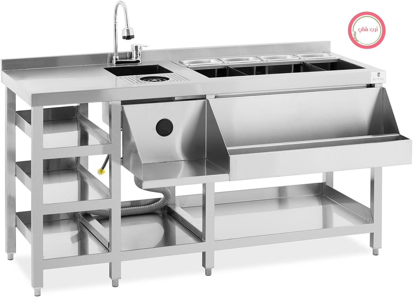 ایستگاه کوکتل رویال کترینگ آلمان Royal Catering مدل RCBT-02، محفظه یخ، ۴ ظرف GN 1/9، شیشه‌شوی و بطری‌گیر