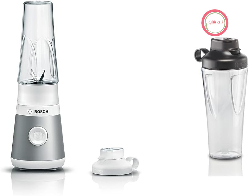 مخلوط کن مینی پرسرعت Bosch VitaPower Series 2 MMB2111T، تا 40000 دور در دقیقه، 450 وات، نقره‌ای و بطری Bosch ToGo MMZBT01B، بطری اسموتی 0.6 لیتری ToGo، نشکن، مقاوم