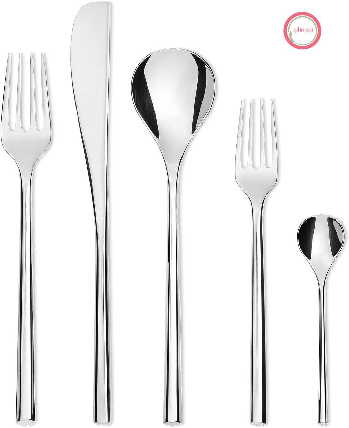 سرویس قاشق و چنگال ۵ تکه السی ایتالیا Alessi TI04S5 MU، شامل یک عدد از هر کدام شامل قاشق غذاخوری، چنگال غذاخوری، چاقوی غذاخوری، چنگال دسرخوری و قاشق چایخوری.