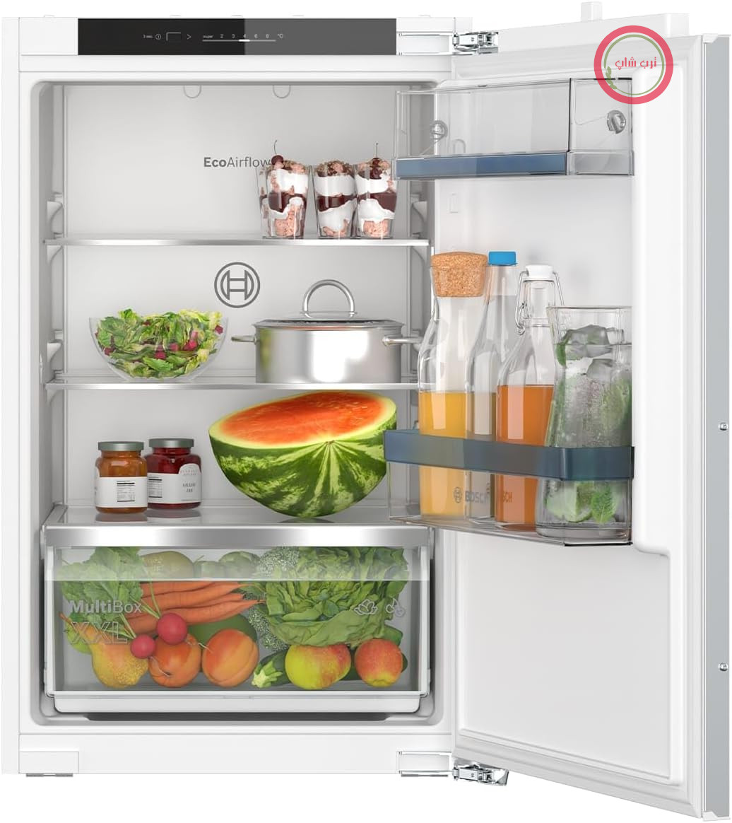 یخچال فریزر توکار بوش KIR21VFE0 سری 4، یخچال یکپارچه بدون محفظه فریزر 88x56 سانتی‌متر، ظرفیت خنک‌کنندگی 136 لیتر، لولای تخت، محفظه چند درب XXL، روشنایی LED، EcoAirflow، SuperCooling
