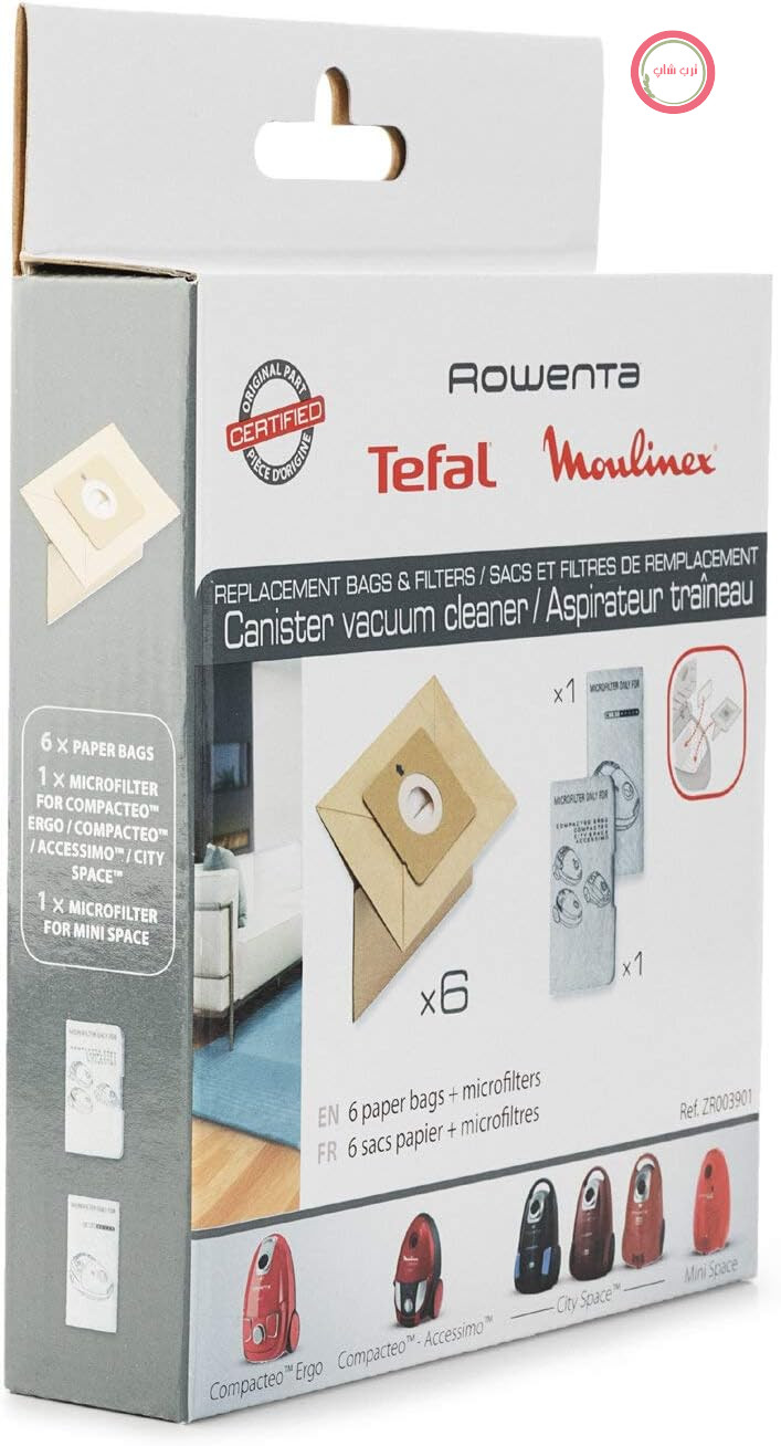 مجموعه کیسه و فیلتر Rowenta ZR003901 | سازگار با جاروبرقی‌های شهری (RO24xx، RO26xx) | 1 میکروفیلتر | 6 کیسه کاغذی، سفید