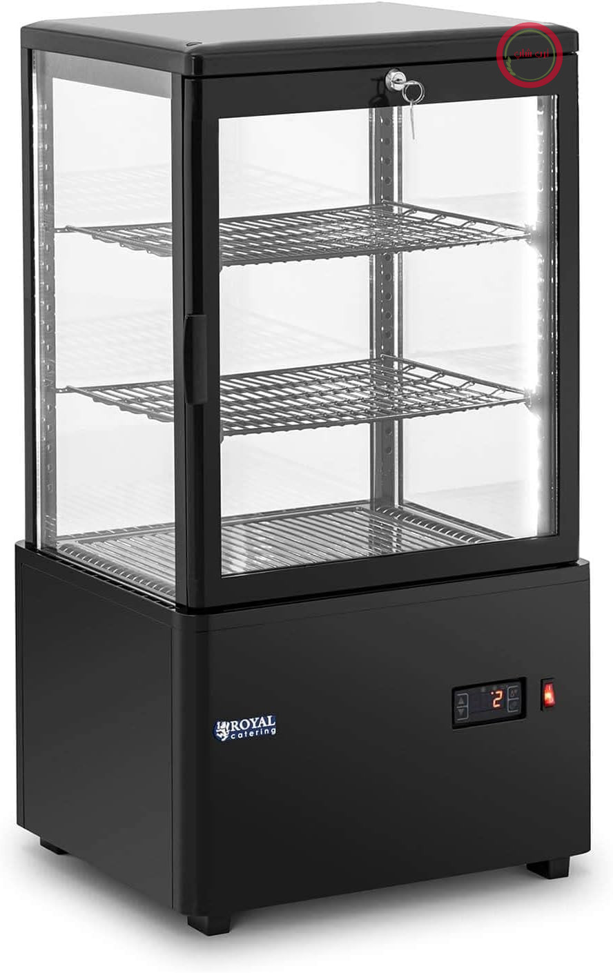 ویترین یخچالی رویال کترینگ RCCC-58-BT، ۵۸ لیتر، ۳ طبقه، پیشخوان مشکی، پیشخوان کیک، پیشخوان سرد