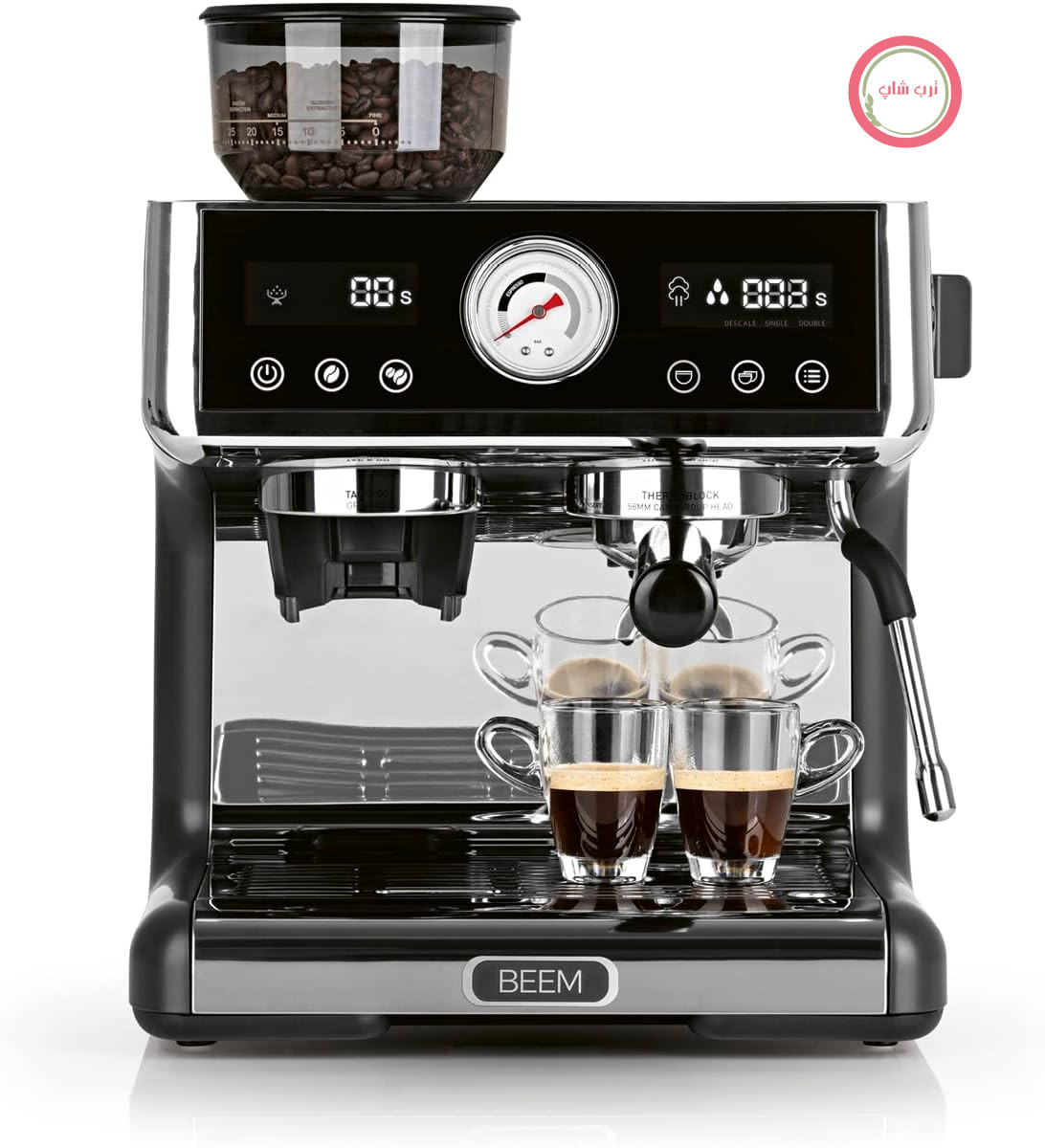 دستگاه اسپرسو ساز BEEM ESPRESSO-GRIND-EXPERT Premium با آسیاب | ۲ ترموبلاک | عصاره گیری و نشانگر میزان پودر شدن، استیل ضد زنگ، نقره ای-مشکی