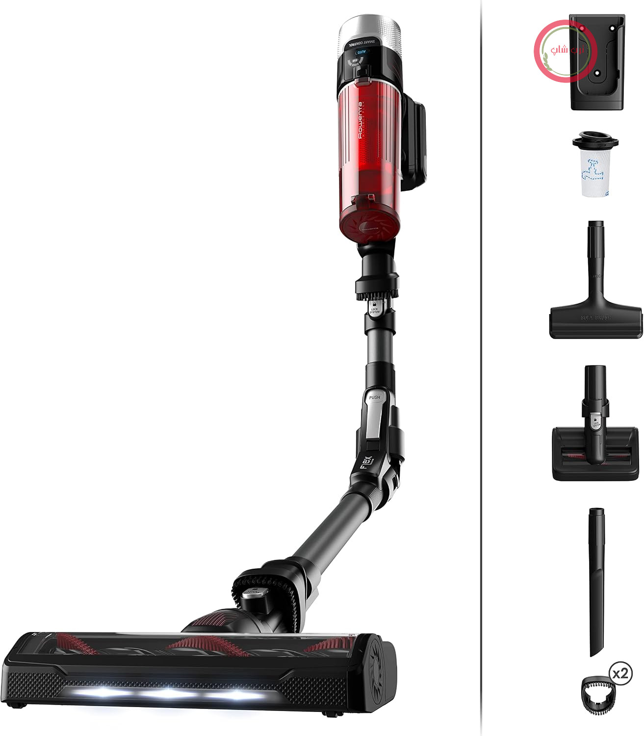جارو شارژی روونتا آلمان بی‌سیم Rowenta X-Force Flex 9.60 برای حیوانات، ۱۰۰ وات هوا، باتری قابل جابجایی، تا ۴۵ دقیقه کارکرد، مفصل انعطاف‌پذیر، نازل LED، شامل لوازم جانبی موی حیوانات خانگی، قرمز/مشکی، RH2078