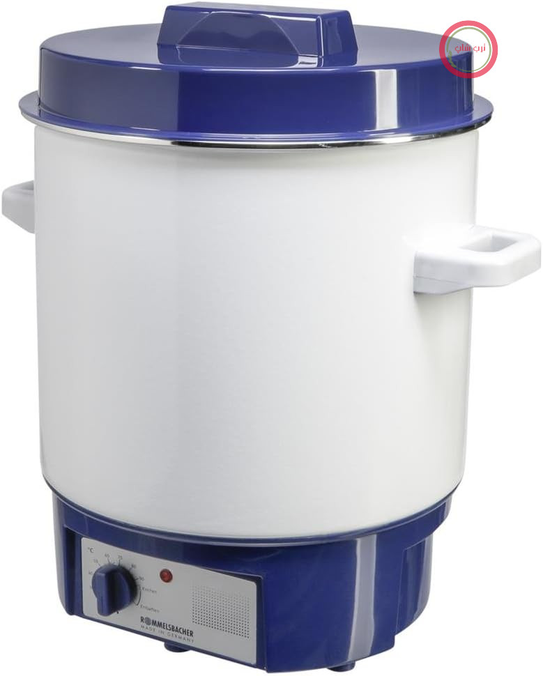 دستگاه پخت/نگهدارنده Rommelsbacher KA 1800 - پوشش لعابی دو لایه، ۲۷ لیتر/برای ۱۴ شیشه ۱ لیتری، کنترل دمای متغیر پیوسته، عملکرد آبمیوه‌گیری، محافظت در برابر گرمای بیش از حد، قفسه داخلی، ۱۸۰۰ وات، سفید/آبی