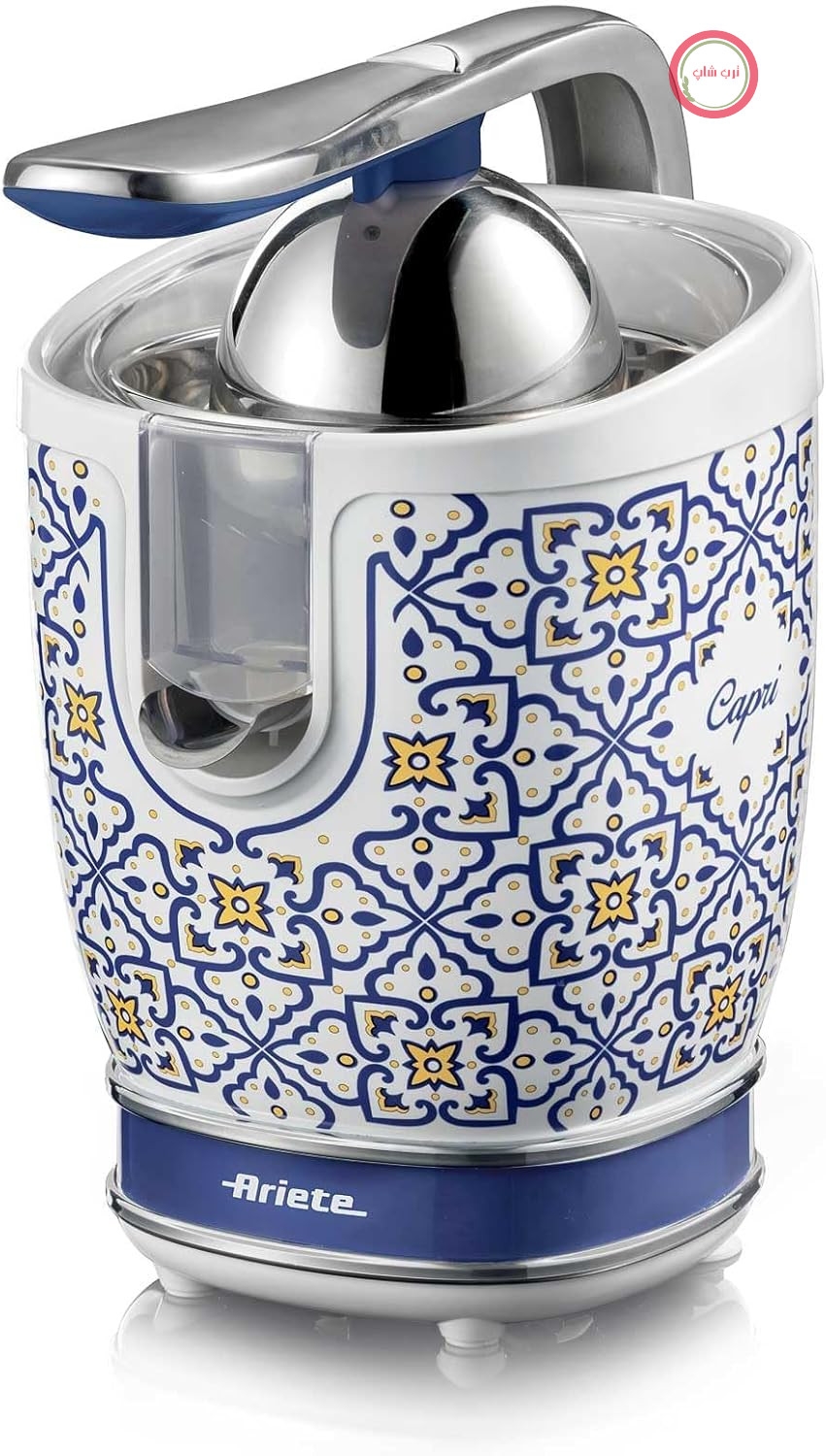 آبمیوه گیری برقی Ariete 413 Capri با محفظه و اهرم فلزی، محافظ قطره، موتور کم صدا برای آبمیوه گیری حرفه ای، 2 قیف برای میوه های بزرگ و کوچک