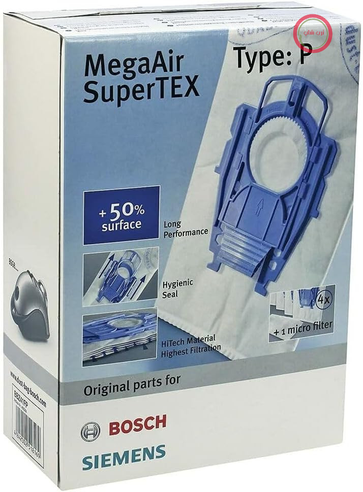 ۴ عدد کیسه جاروبرقی بوش مدل P و ۱ عدد میکروفیلتر MegaAir SuperTEX BBZ41FP، فیلتراسیون ۹۹.۹٪ گرد و غبار ریز، عملکرد تمیزکنندگی بالاتر، لوازم جانبی اصلی، مناسب برای سری BSG8 و VS08
