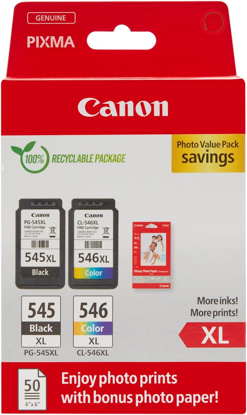 جوهر اصلی کانن PG-545XL / CL-546XL (2 کارتریج جوهر XL؛ مشکی + رنگی) - بسته Photo Value (شامل کاغذ عکس کانن GP-501، 50 برگ 10x15 سانتی‌متر)