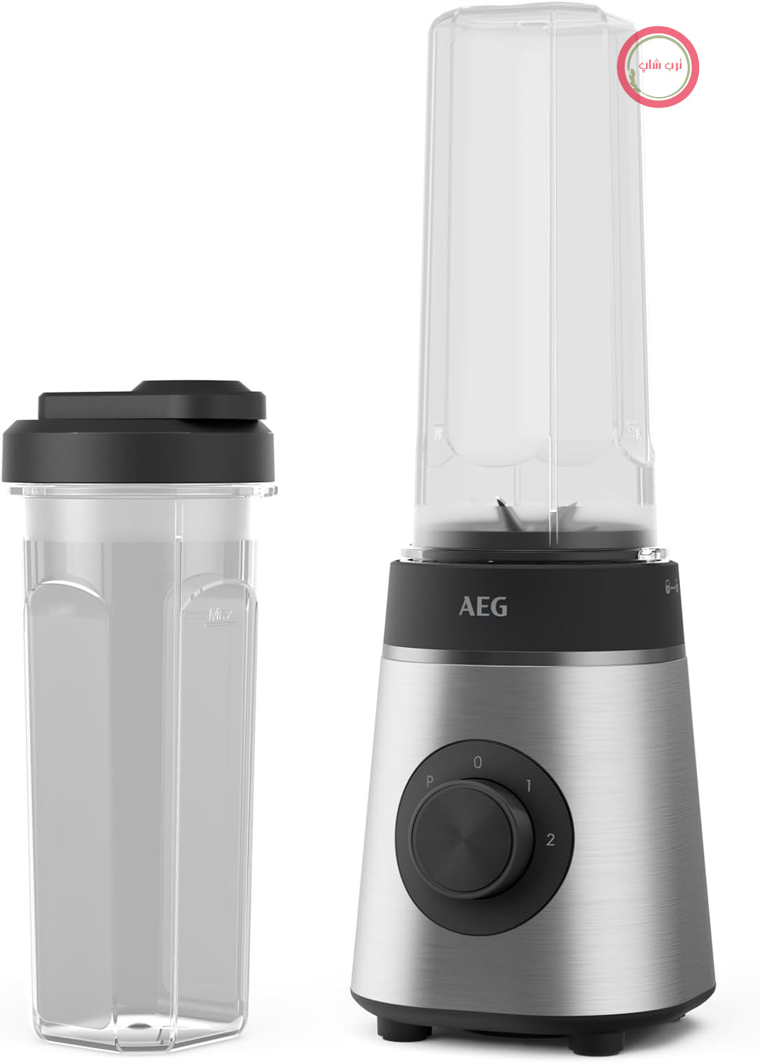 همزن ایستاده AEG MiniMixer SB4-1-4ST / موتور 350 وات / 23000 دور در دقیقه / 2 بطری نوشیدنی 600 میلی لیتری نشکن و قابل شستشو در ماشین ظرفشویی / چاقوی 4 تیغه / کنترل چرخشی / بدون BPA / دکمه پالس / استیل ضد زنگ برس خورده