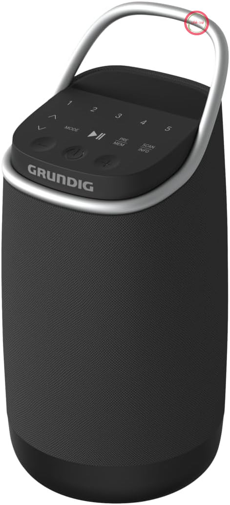 بلندگوی بلوتوث GRUNDIG GBT Band 360، جعبه موسیقی، صدای 360 درجه، 12 وات RMS، برد تا 30 متر، عمر باتری 19 ساعت، رادیو DAB+ و FM، ورودی AUX، صفحه نمایش OLED، مشکی، GLR7768، 21.5 سانتی متر