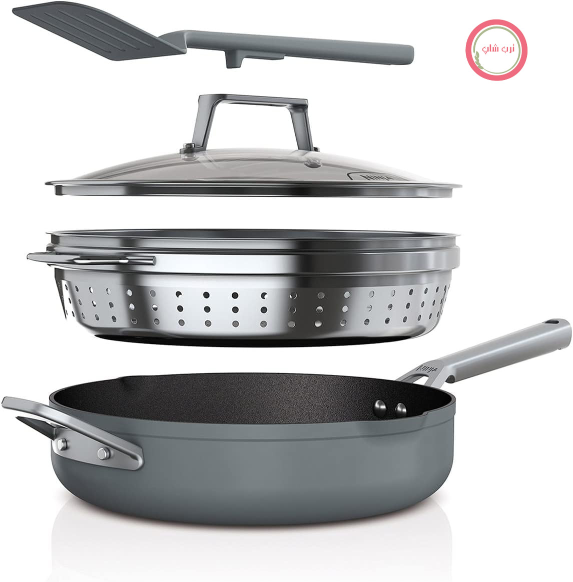 ماهیتابه بخار پز نینجا ۹ کاره Ninja Foodi مدل PossiblePan [CW102GYUK] با فناوری ZEROSTICK، بخارپز/سیلر و کفگیر یکپارچه، نچسب، سازگار با دستگاه القایی، قابل شستشو در ماشین ظرفشویی، به رنگ خاکستری مایل به نمک دریا