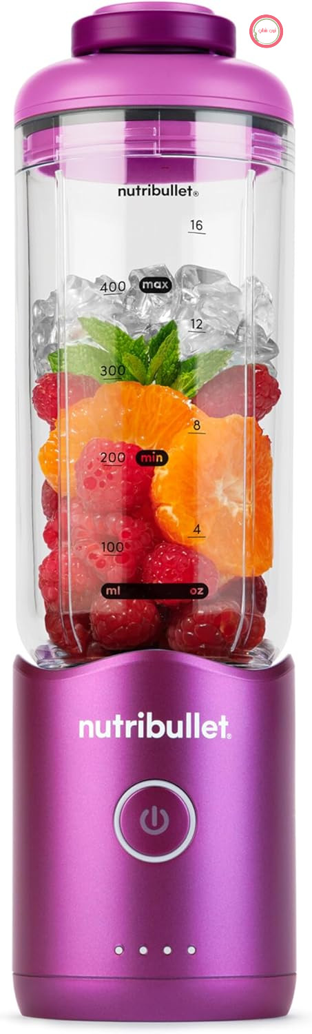 مخلوط کن اسموتی قابل حمل nutribullet Flex 590ml با درب قابل شستشو، قابلیت خرد کردن یخ و میوه های یخ زده، پورت USB-C، بند حمل، لیوان بدون BPA، تمیز کردن آسان، بنفش (NBP013VT)