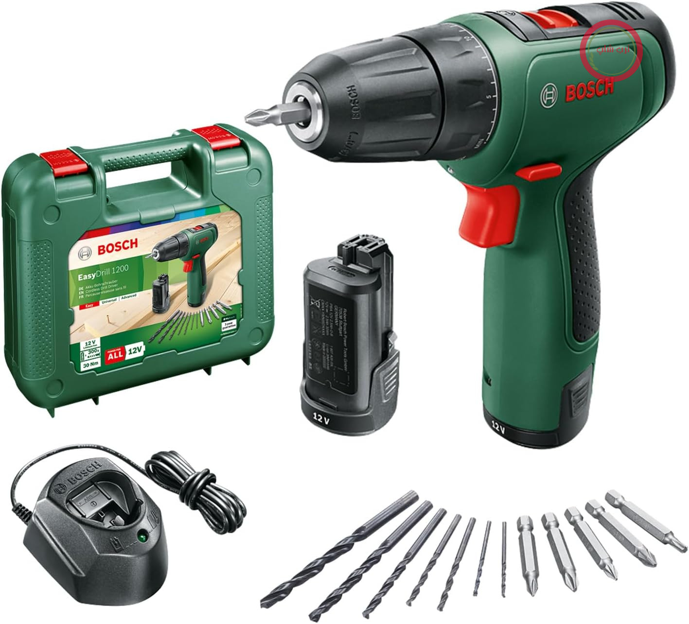 دریل پیچ‌گوشتی شارژی بوش آلمان Bosch مدل EasyDrill 1200 مخصوص خانه و باغ ۲ باتری، مجموعه ۱۲ تکه