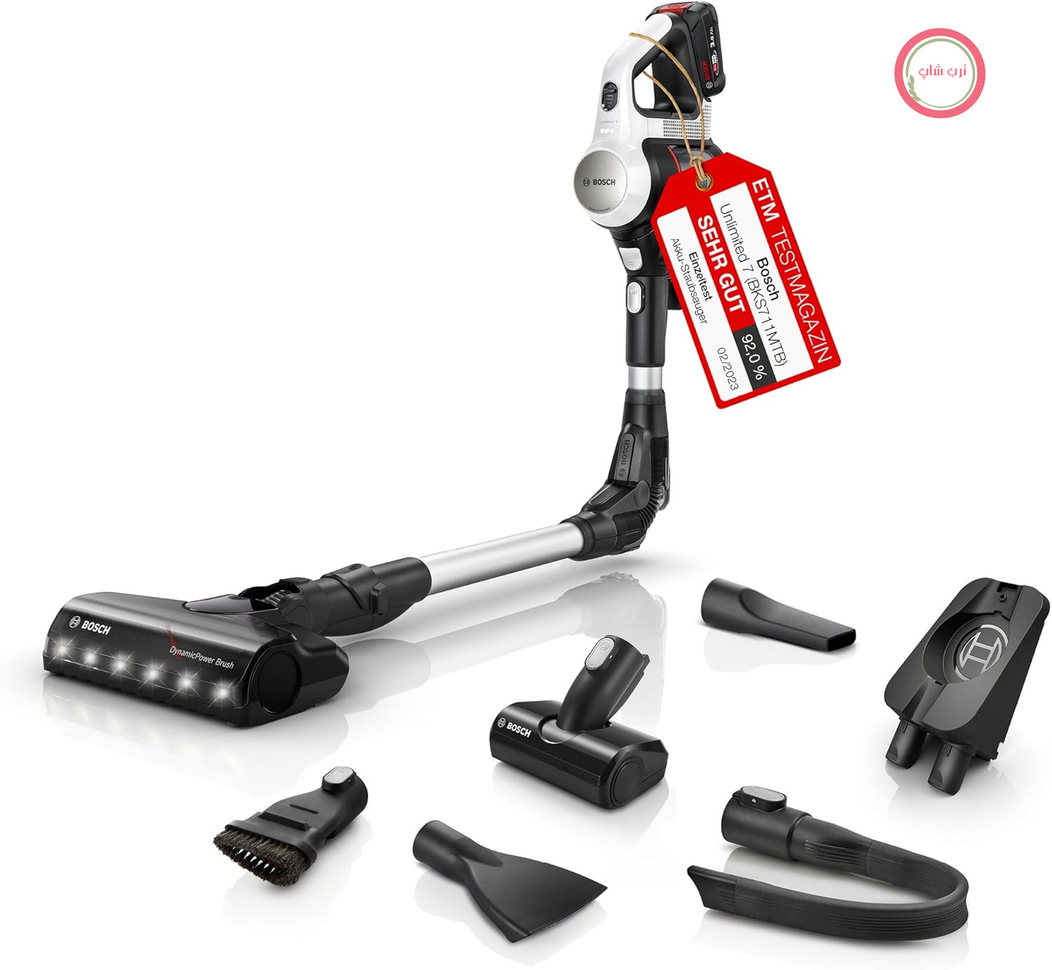 جاروبرقی بی‌سیم Bosch Unlimited 7 BKS711MTB، بدون کیسه، باتری قابل تعویض، لوله انعطاف‌پذیر، فیلتر بهداشتی، 10 سال گارانتی موتور، نازل مینی توربو، روشنایی LED، حالت توربو، سفید