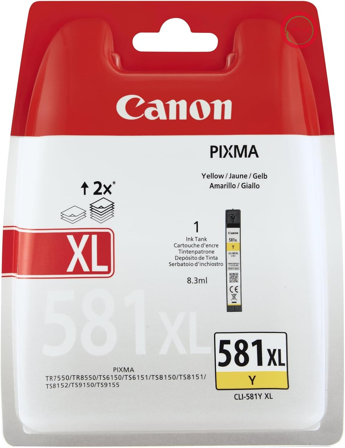 جوهر اورجینال کانن CLI-581XL Y، سایز XL، زرد، بسته‌بندی قابل بازیافت