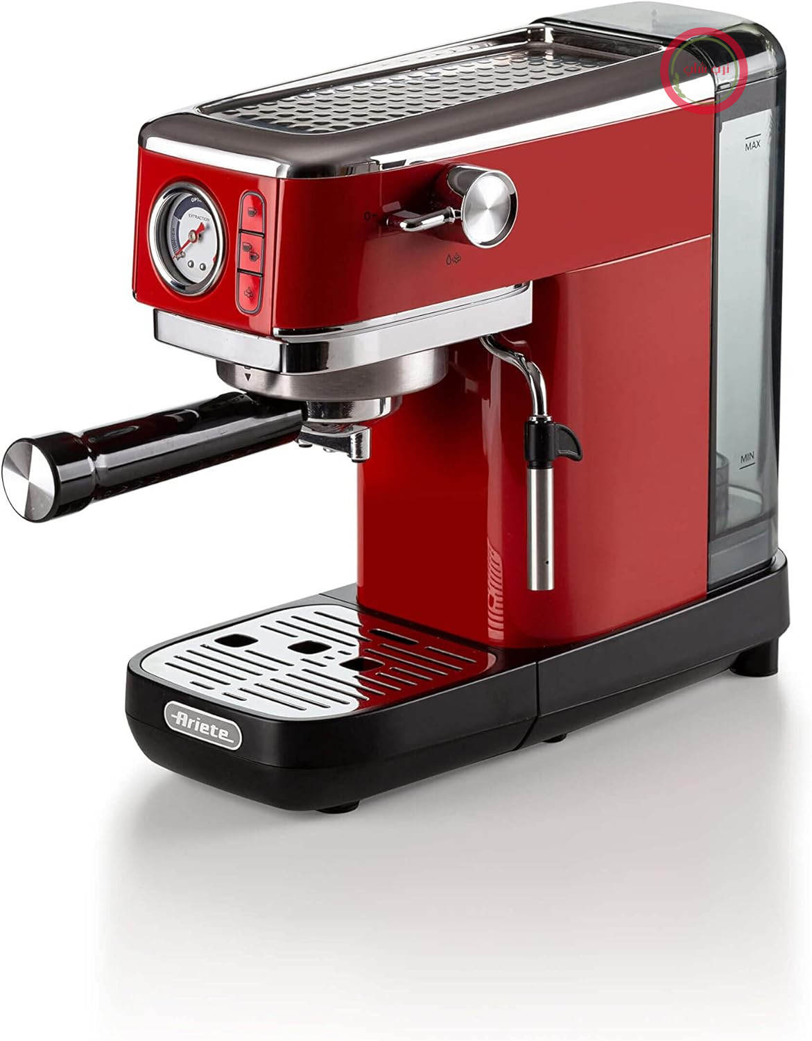 دستگاه قهوه ساز Ariete Espresso Slim Metal 1381 با مانومتر، سازگار با قهوه آسیاب شده و کپسول‌های ESE، حداکثر ۱۵ بار، فیلتر ۱ یا ۲ فنجان، نازل کاپوچینو، ۱۳۰۰ وات، قرمز