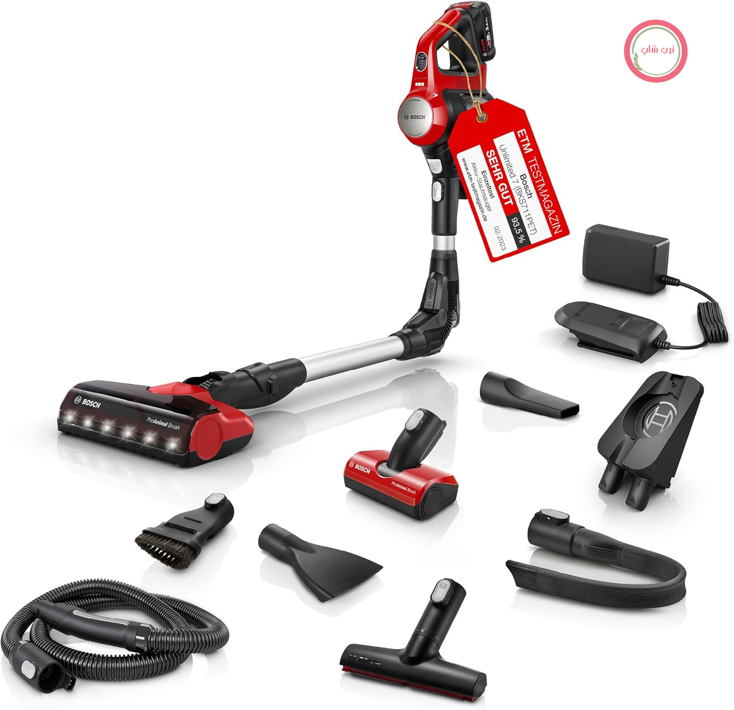 جاروبرقی بی‌سیم Bosch Unlimited 7 ProAnimal BKS711PET، جاروبرقی موی حیوانات خانگی بدون کیسه، لوله انعطاف‌پذیر، فیلتر بهداشتی، 10 سال گارانتی موتور، نازل روکش XXL، روشنایی LED، حالت توربو، قرمز
