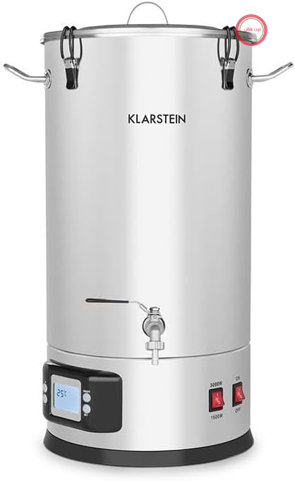 جشنواره آبجو Klarstein Mash - ست دم کردن آبجو، کتری دم کردن آبجو، سیستم دم کردن آبجو دو مرحله‌ای: ۱۵۰۰/۳۰۰۰ وات، ست دم کردن آبجو ۵ تکه، سطل فیلتر، کویل خنک‌کننده، صفحه نمایش LCD، استیل ضد زنگ، ۳۵ لیتر، ظروف نقره