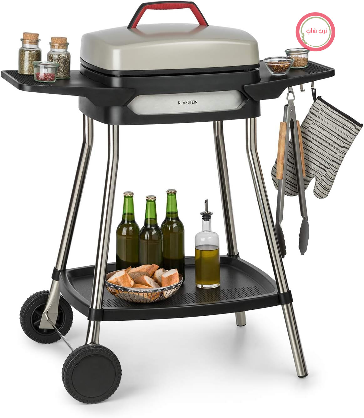 گریل برقی Klarstein Gatsby، گریل ایستاده، گریل رومیزی، توان: 2000 وات، طرح EasyGrill، سطح گریل: 40 در 36 سانتی‌متر/آلومینیوم دایکاست/نچسب/هود گریل، دو میز کناری، بژ/مشکی