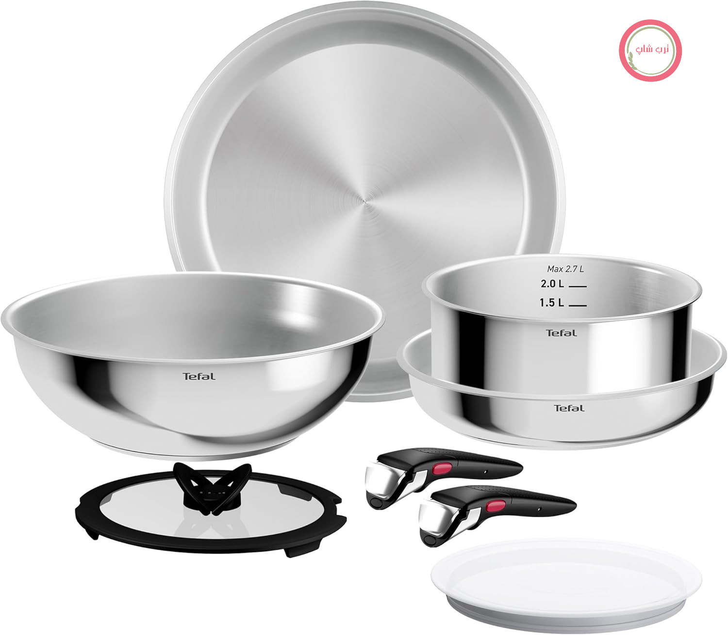 سرویس قابلمه ۸ پارچه تفال مدل Ingenio Comfort Max، کف بسیار ضخیم، بدون درزبندی، کم جا، دارای نشانگر حرارتی، مناسب برای انواع اجاق گاز، دسته محکم، تمیز کردن آسان، استیل ضد زنگ، L968S834
