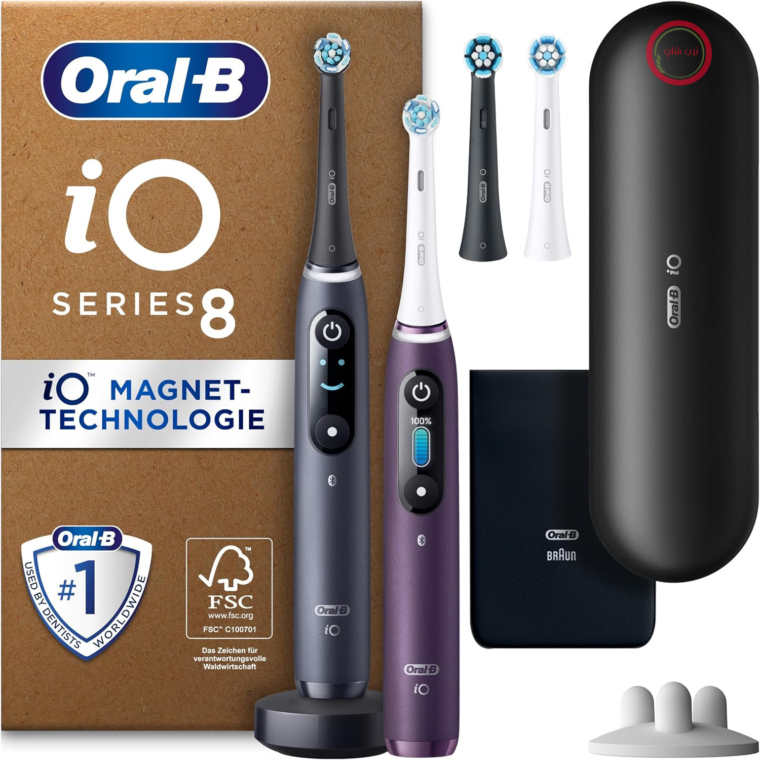 مسواک برقی اورال بی Oral-B سری iO نسخه 8 پلاس، بسته دوتایی، 4 سر مسواک پلاس، 6 حالت مراقبت، کیف مسافرتی، طراحی شده توسط براون، مشکی/بنفش