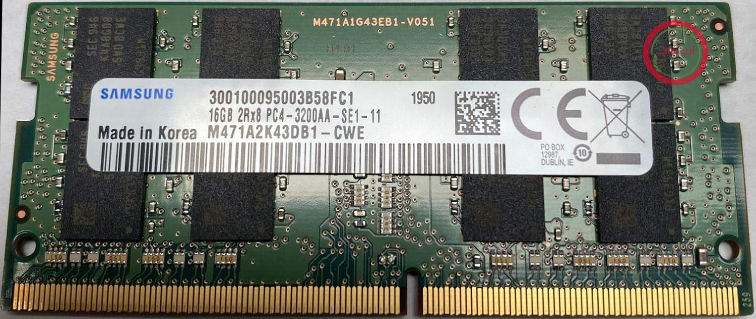ماژول رم لپ تاپ SODIMM با ظرفیت 16 گیگابایت DDR4، فرکانس 3200 مگاهرتز، مدل PC4-25600، ولتاژ 1.2 ولت، 2 رابط 8، 260 پین، مدل M471A2K43DB1-CWE