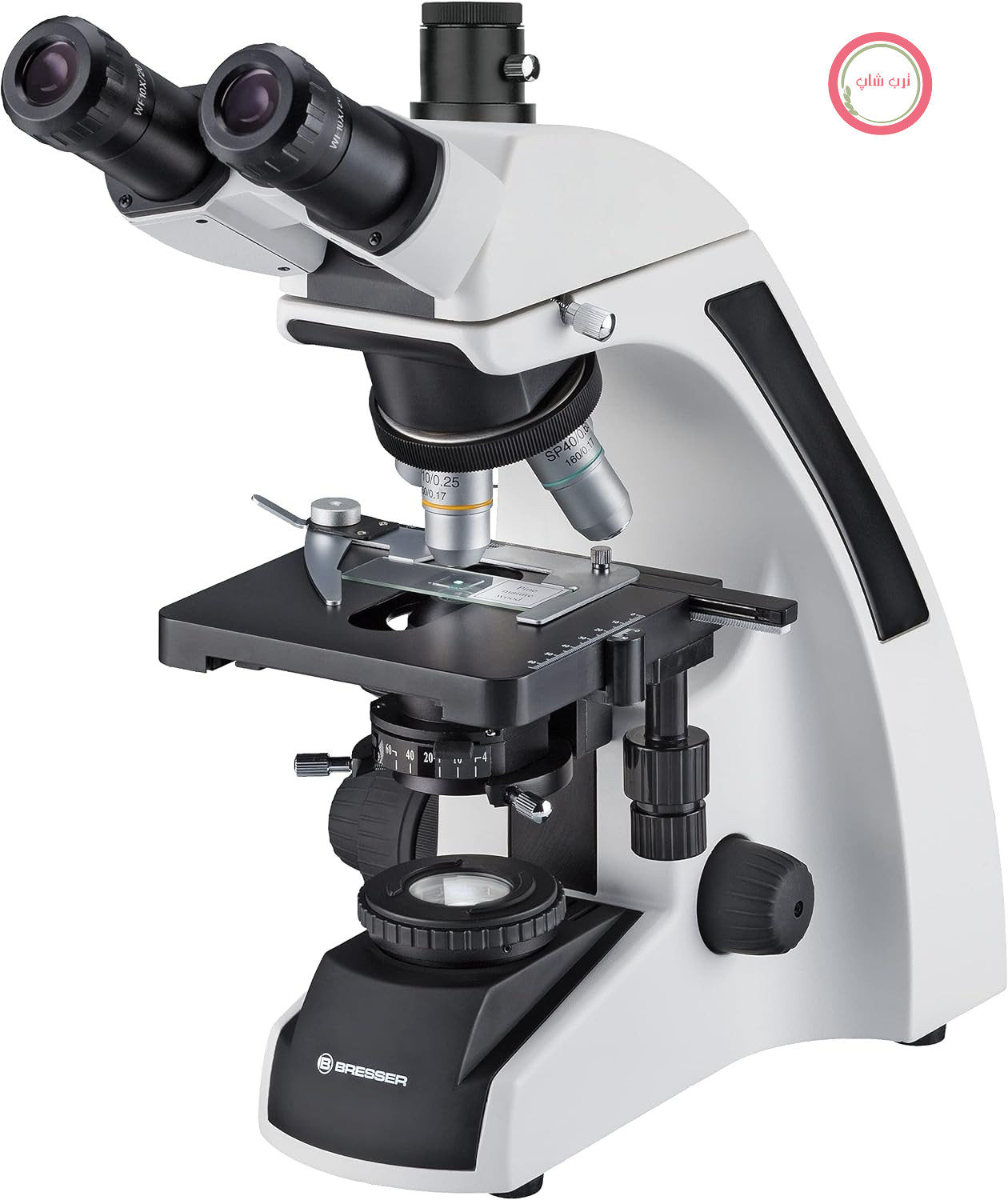 میکروسکوپ نوری عبوری سه چشمی Bresser مدل Science TFM-301 Trino با بزرگنمایی 40-1000 برابر، با روشنایی Köhler، پایه مکانیکی کواکسیال، اتصال C-mount و روشنایی LED بسیار روشن 3W | روشنایی Köhler، لوله سه چشمی با پایه C، پایه مکانیکی، فوکوس درشت و ریز، LED 3W، کندانسور Abbe