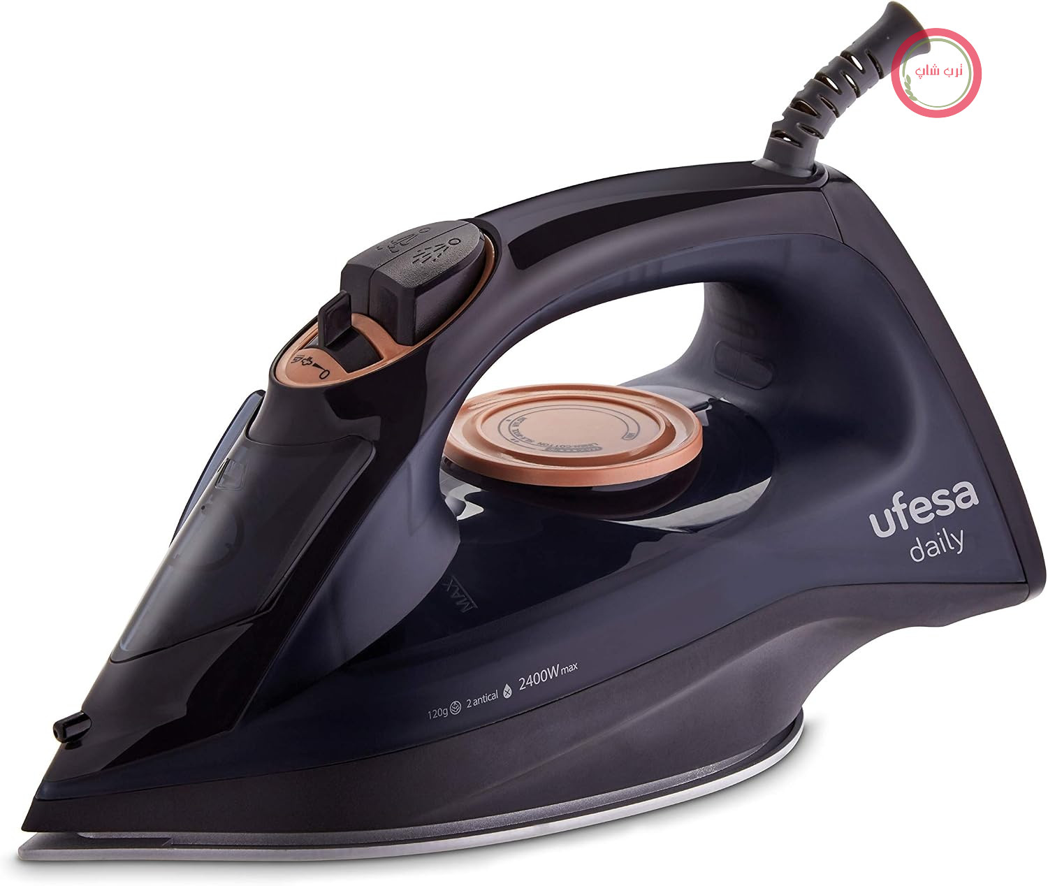 اتو بخار روزانه یوفسا اسپانیا Ufesa PV1100C، 2400 وات، حداکثر بخاردهی لحظه‌ای 120 گرم، سیستم رسوب‌زدایی، ظرفیت 280 میلی‌لیتر، اتوکشی عمودی، کف سرامیکی، مشکی
