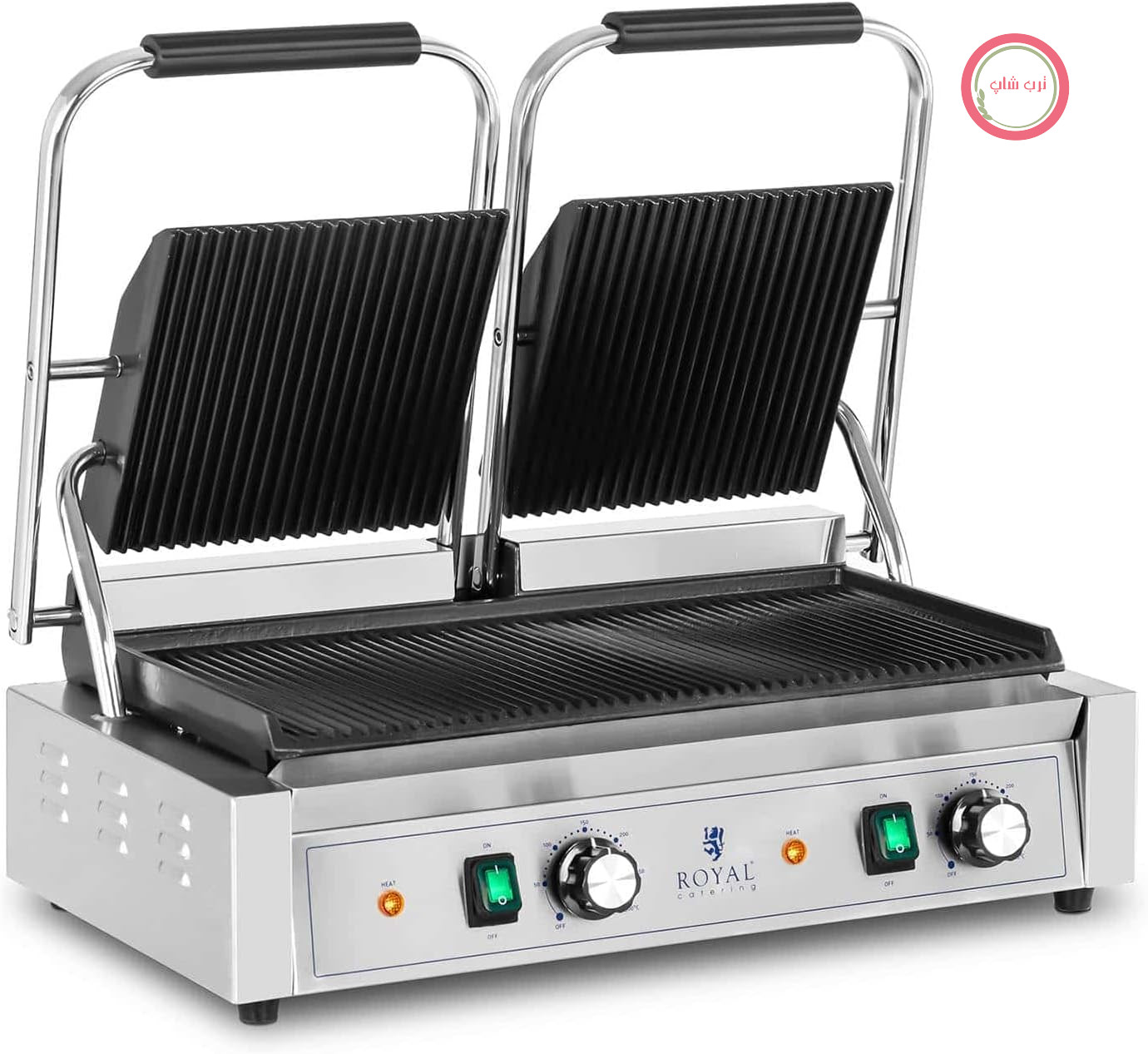 گریل دو طرفه Royal Catering RCPKG-3600-R، مناسب برای مصارف تجاری، ۳۶۰۰ وات، شیاردار، ۵۰-۳۰۰ درجه سانتیگراد، ۲ صفحه بالایی: ۲۱ × ۲۱ سانتی‌متر، صفحه پایینی: ۴۸ × ۲۳ سانتی‌متر
