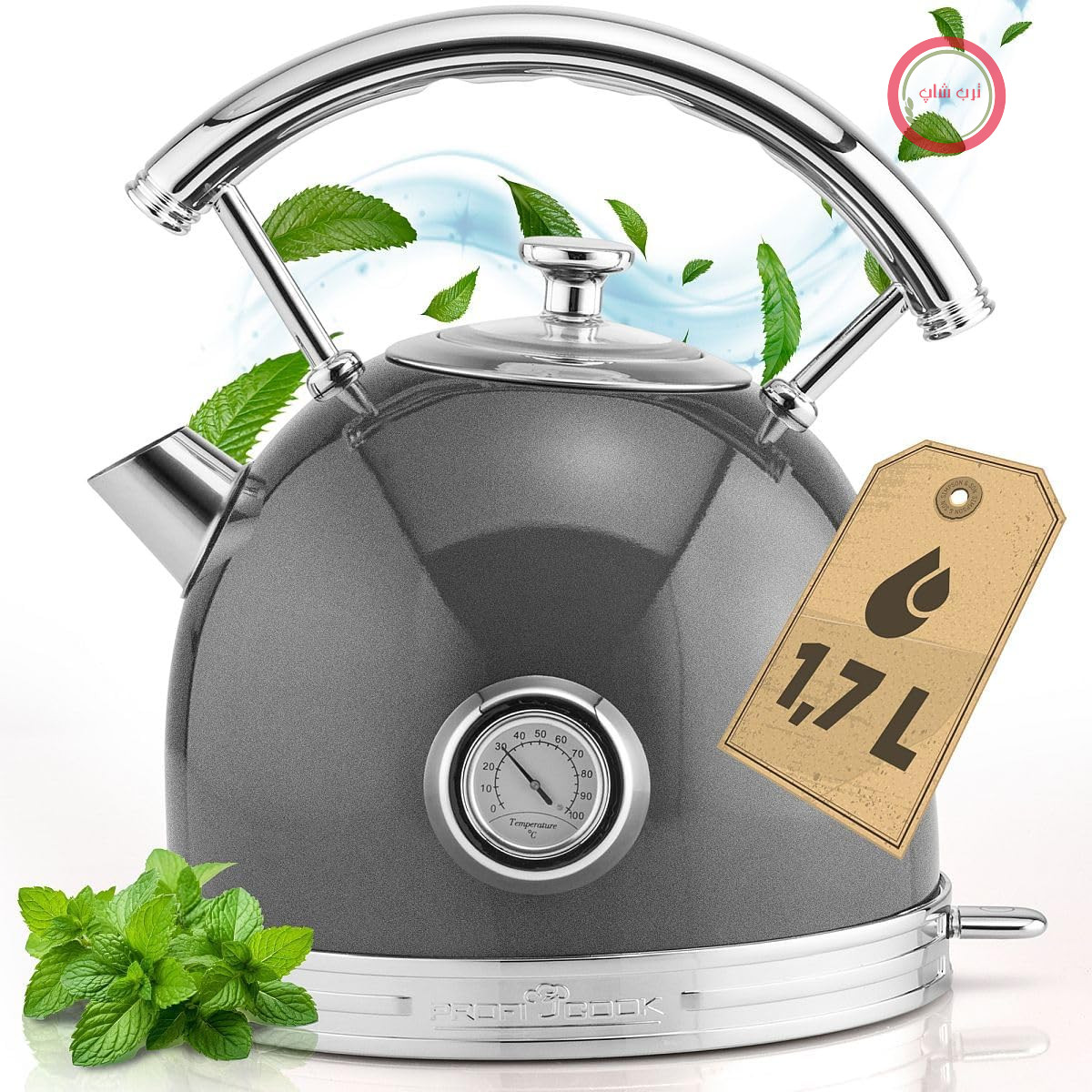 کتری برقی ProfiCook® Retro با حجم ۱.۷ لیتر و طراحی شیک و قدیمی - با بدنه فلزی محکم و تزئینات کرومی - دارای نمایشگر دما، ۲۲۰۰ وات - جنس بدنه PC WKS 1192 آنتراسیت