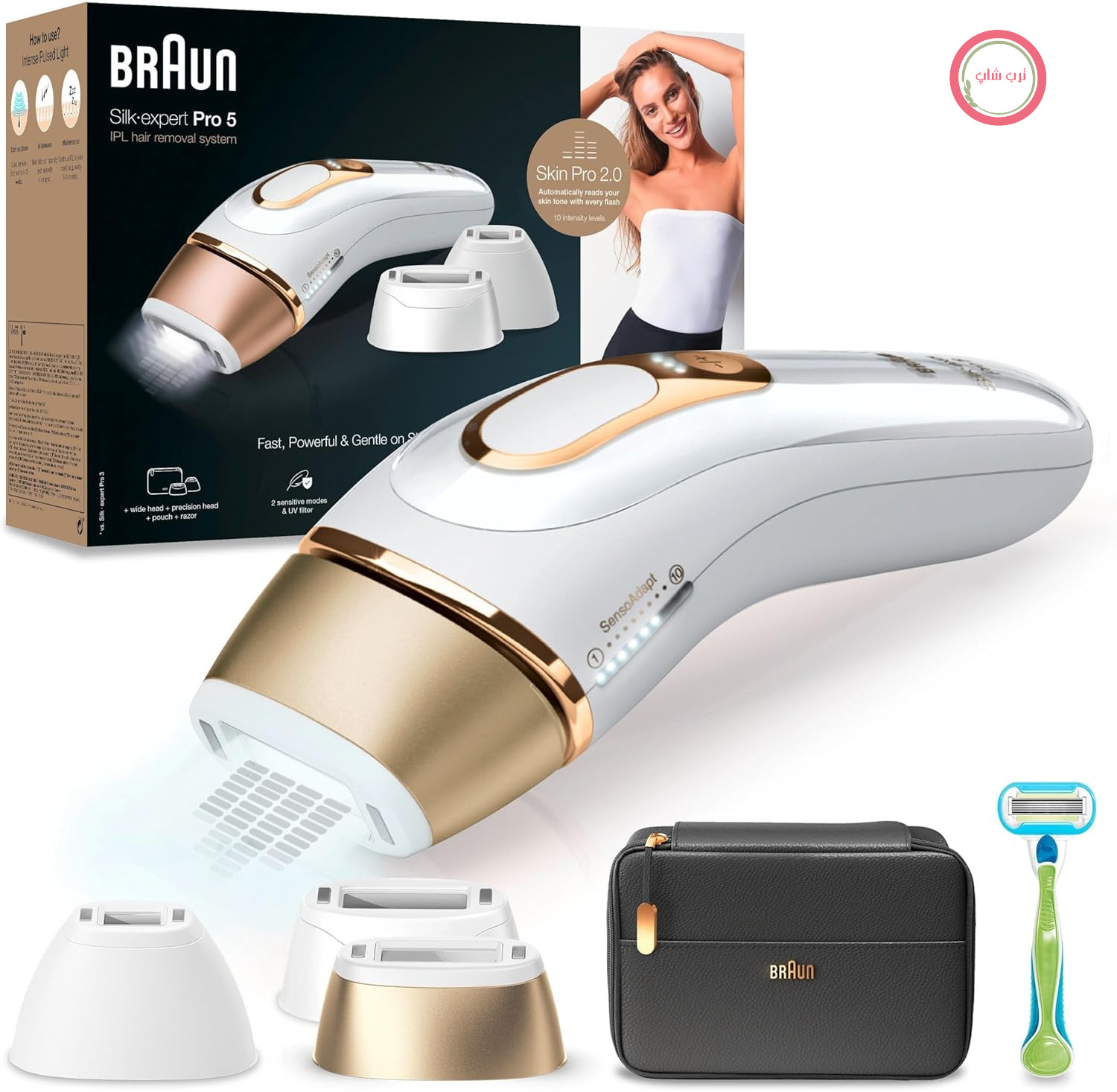 دستگاه رفع موهای زائد Braun IPL Silk Expert Pro 5 برای خانم‌ها/آقایان، ۳ سری، رفع موهای زائد قابل مشاهده، طراحی شده در آلمان، ریش‌تراش Venus، جایگزین لیزر موهای زائد، PL5243، سفید/طلایی