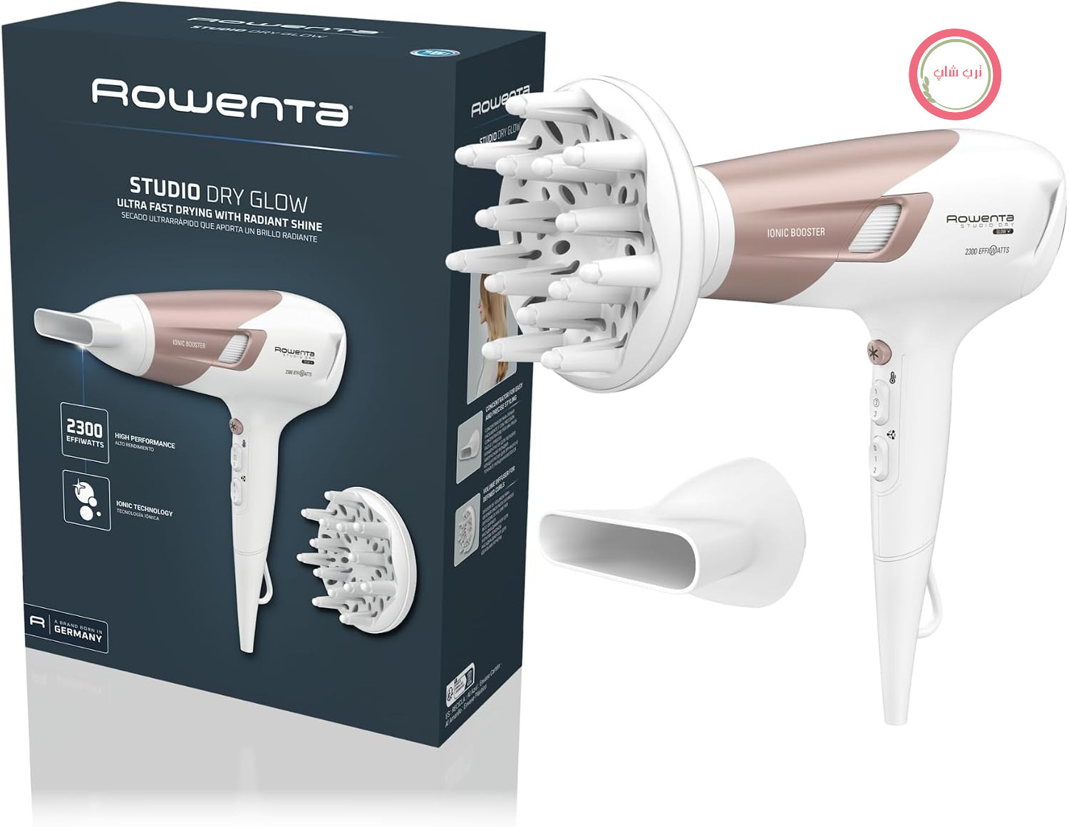 سشوار روونتا آلمان Rowenta Studio Dry Glow، 2100 وات، سشوار با پخش کننده برای فر، 3 تنظیم دما و 2 سرعت، عملکرد یون، دکمه کول شات، سفید/رز گلد، CV5830