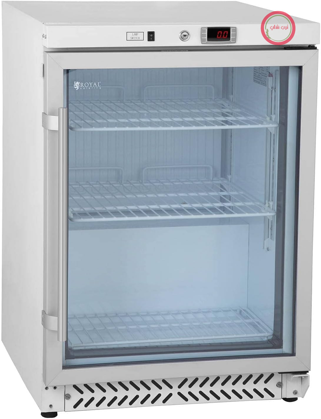 یخچال درب شیشه‌ای Royal Catering، یخچال بطری، یخچال نوشیدنی با درب شیشه‌ای RCGK-W200 (170 لیتر، توان 180 وات، 3 طبقه، درب لولایی قفل‌دار، محدوده دمایی 0 تا 8 درجه سانتیگراد)