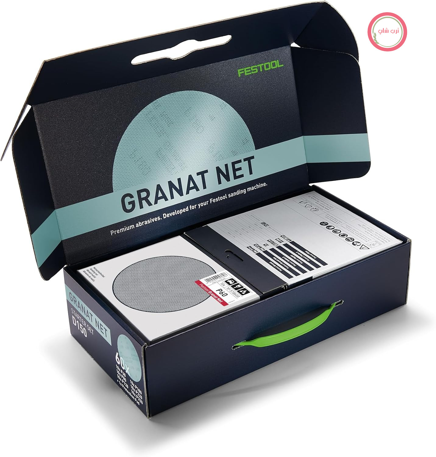 مجموعه ساینده مش Festool Granat Net D150 با پد محافظ | مجموعه مش سنباده برای سنباده‌های مداری تصادفی 150 میلی‌متری - دانه‌های P60 تا P320، 60 دیسک