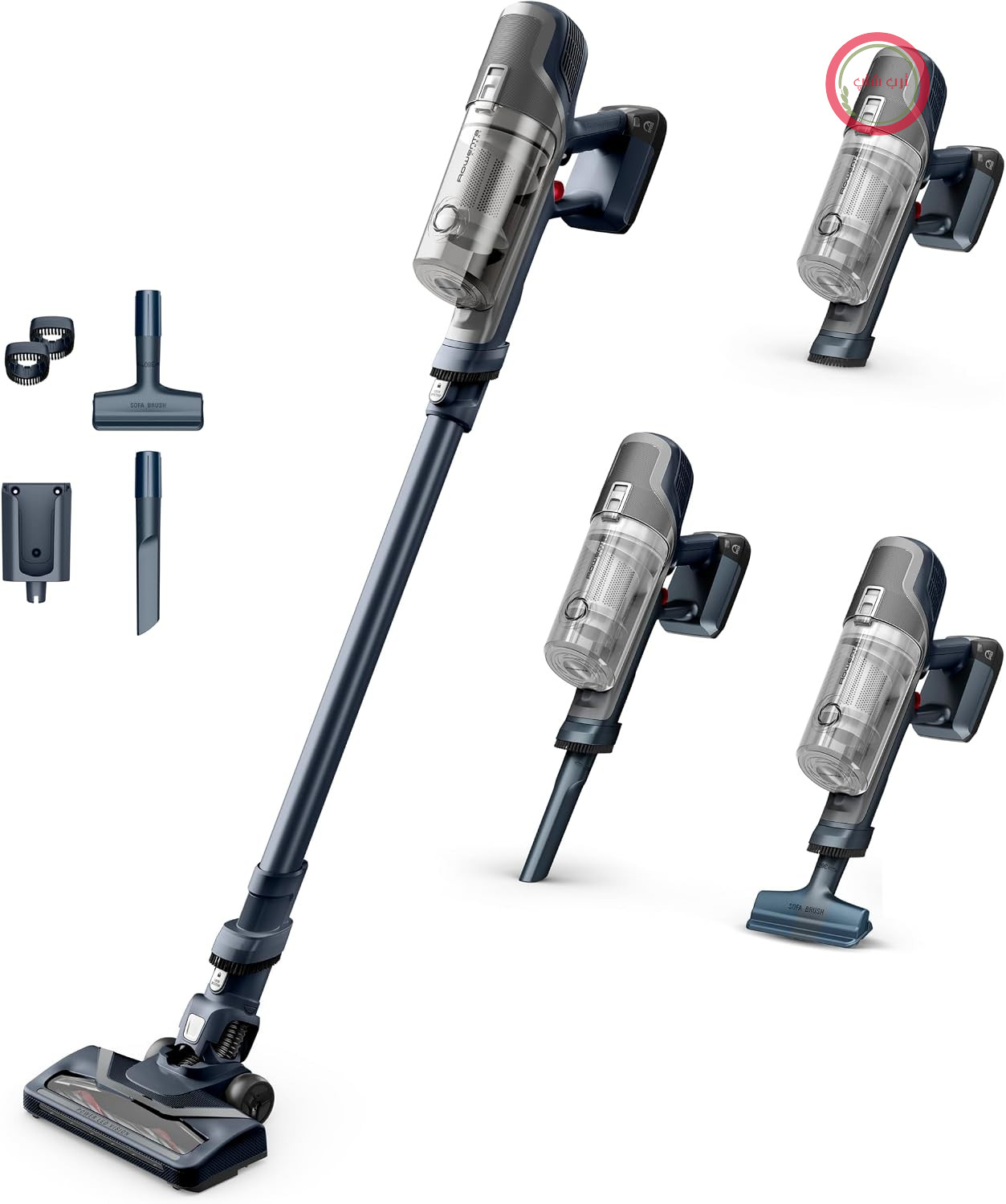 جارو شارژی روونتا آلمان بی‌سیم Rowenta X-Pert 6.60، قدرت ۱۰۰ وات، زمان کارکرد ۴۵ دقیقه، بدون کیسه، سری برس‌دار LED، باتری قابل جدا شدن، مخزن ۰.۵۵ لیتری، شامل نازل مخصوص درز و پایه دیواری، خاکستری، RH6836EO