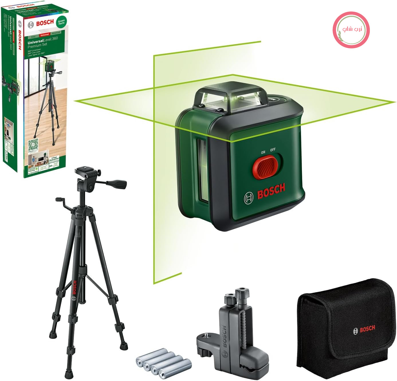 تراز لیزری خط کشی بوش آلمان Bosch مدل UniversalLevel 360 با گیره جهانی MM 3 و سه‌پایه ممتاز TT 150 خطوط لیزر