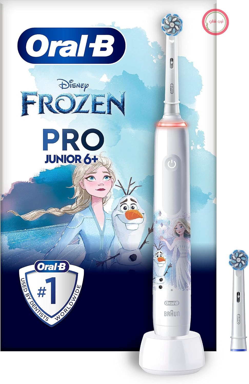 مسواک برقی اورال بی Oral-B Pro Junior Frozen برای کودکان 6 سال به بالا، 2 سر مسواک، کنترل فشار 360 درجه، 2 حالت تمیز کردن از جمله حالت حساس برای مراقبت از دندان، موهای نرم، سفید