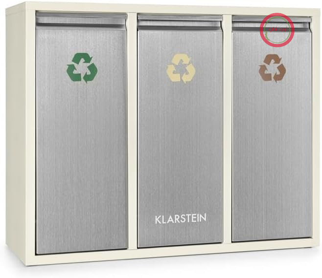 Klarstein Ordnungshüter 3 - سیستم جداسازی زباله، سطل زباله، جداکننده زباله، ۴۵ لیتر (۳ × ۱۵ لیتر)، فلپ‌های جلویی با دسته، محفظه استیل ضد زنگ، کدگذاری رنگی، بازیافت، کرم-نقره‌ای