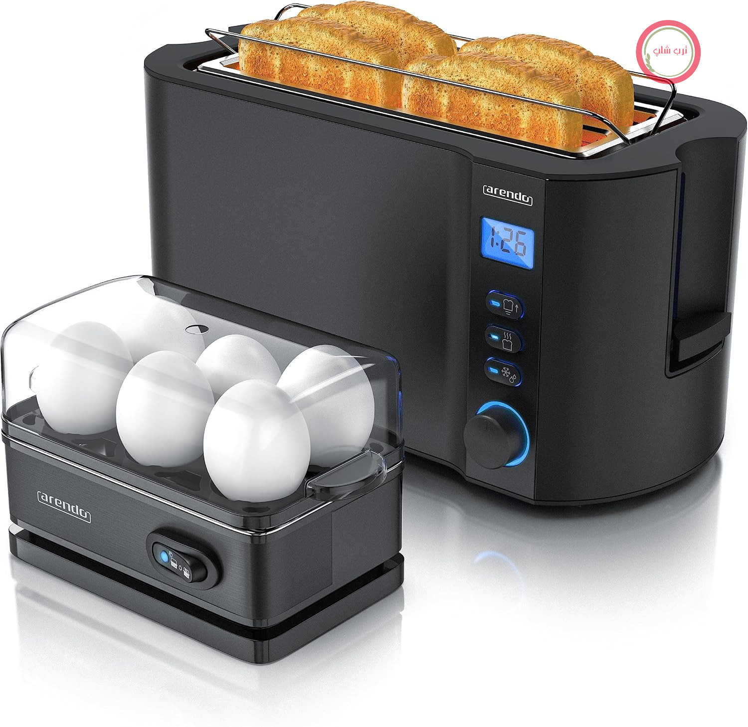 Arendo - ست توستر MANHA با قابلیت پخت تخم مرغ SIXCOOK، استیل ضد زنگ مشکی، توستر ۴ تکه، نمایشگر LED، ۶ سطح برشته کردن، جای نان - قابلیت پخت تخم مرغ ۱ تا ۶ عدد، پیمانه