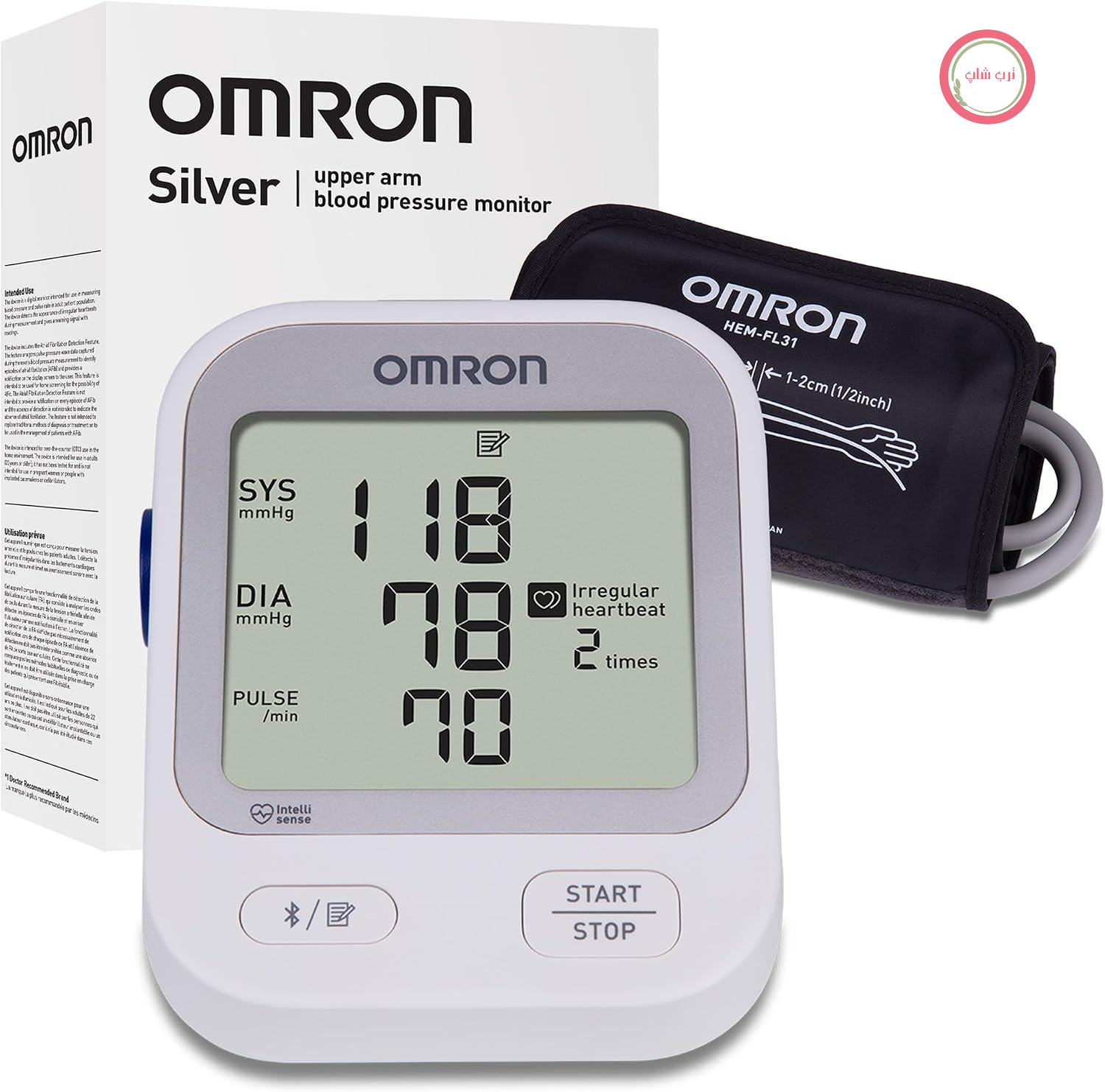 فشارسنج بازوئی امرون ژاپن OMRON، دارای تاییدیه بالینی، درجه پزشکی، صفحه نمایش بزرگ، قرائت نامحدود در اپلیکیشن OMRON، کاف از پیش شکل داده شده، فشارسنج با