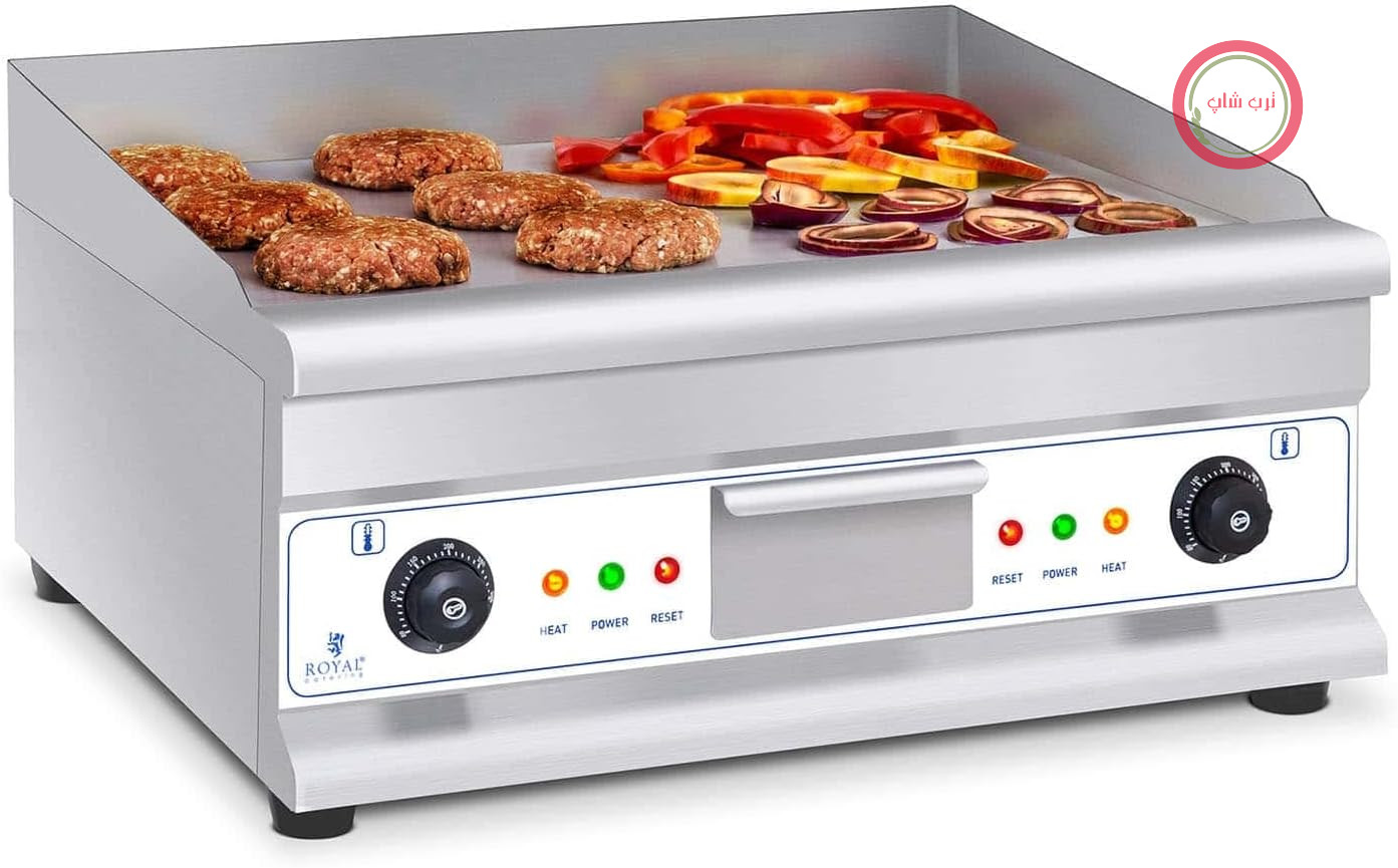 گریل رومیزی برقی صنعتی رویال کترینگ آلمان Royal Catering مدل Double Grill Plate RCG 60H2 (طول: 60 سانتی‌متر، 2 × 3200 وات، سطح گرمایش صاف، 2 منطقه گرمایش، محافظ پاشش آب و دستگاه تخلیه آب)