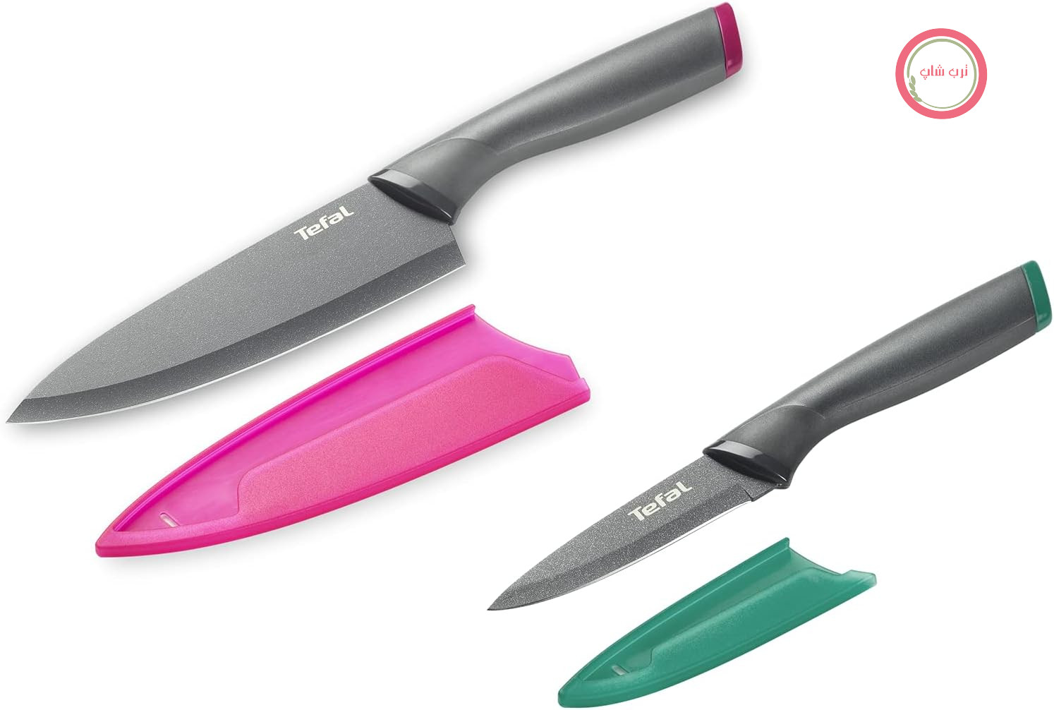 سرویس دو تکه Tefal K122S2 Fresh Kitchen: چاقوی سرآشپز ۱۵ سانتی‌متر + چاقوی سبزیجات ۹ سانتی‌متر | تیغه استیل ضد زنگ + روکش نچسب تقویت‌شده با تیتانیوم | غلاف محافظ | قابل شستشو در ماشین ظرفشویی | مشکی/صورتی/سبز