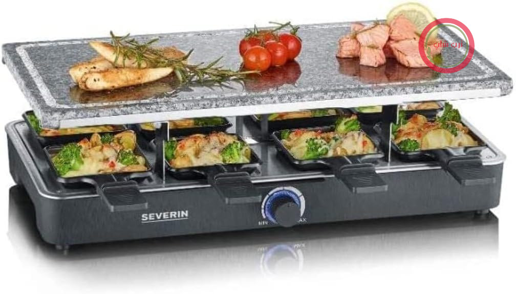گریل راکلت ساز سورین آلمان SEVERIN Raclette با سنگ گریل طبیعی، Raclette با صفحه گریل سنگی و 8 تابه نچسب، گریل رومیزی برای 8 نفر، حداکثر 1300 وات، مشکی، RG 2372