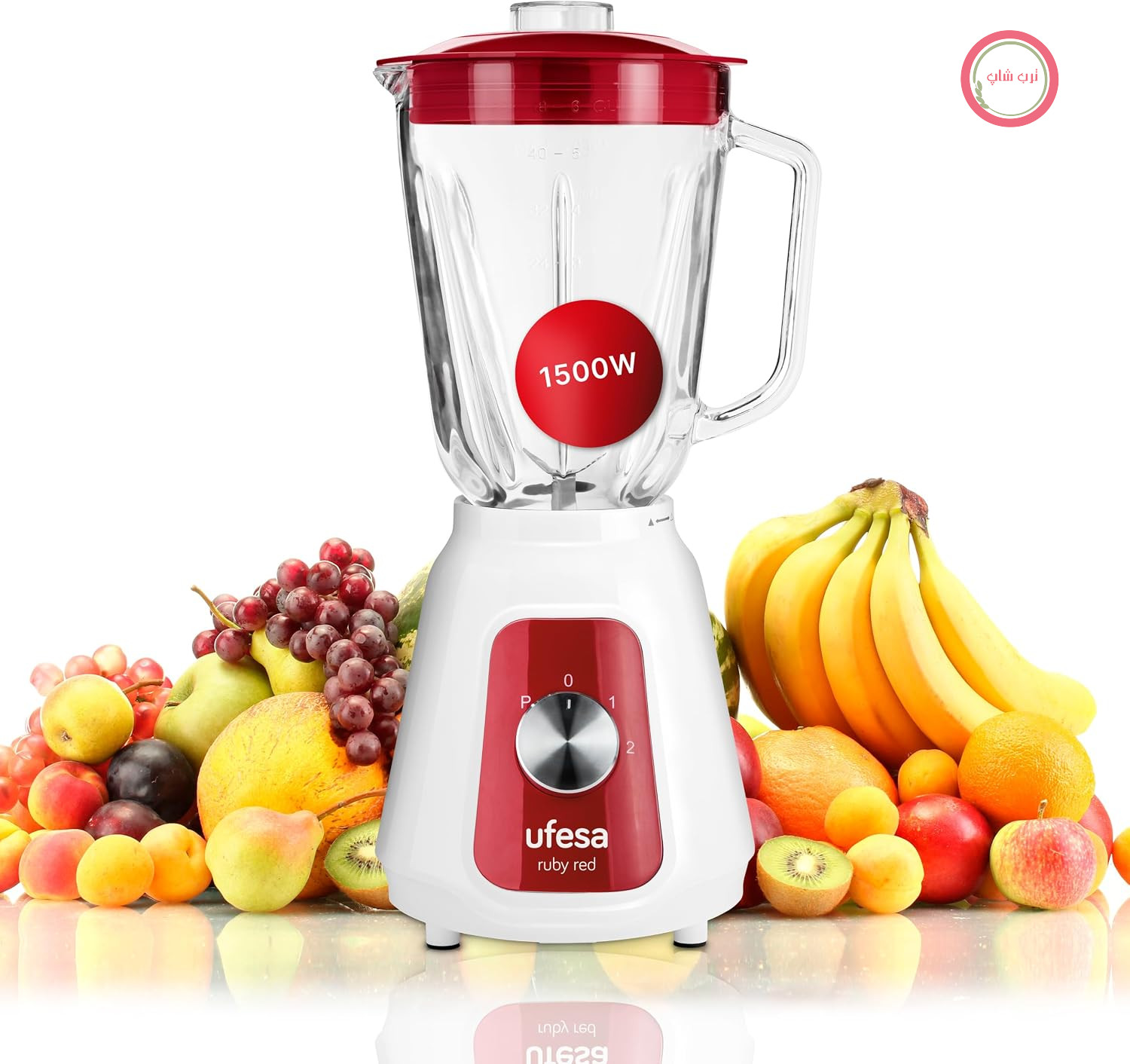 مخلوط کن یوفسا اسپانیا Ufesa BS4717 RUBY RED، قدرت 500 وات، ظرفیت 1.5 لیتر، درب با مهر و موم هوابندی شده، 2 حالت سرعت + پالس، 4 تیغه استیل ضد زنگ، یاقوتی قرمز
