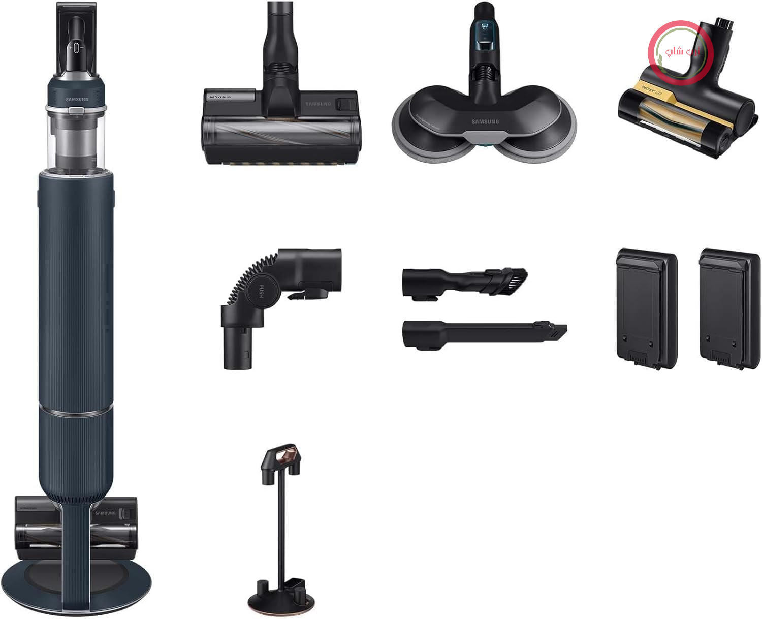 جارو شارژی سامسونگ Samsung مدل Bespoke Jet Plus Cordless + Wet & Clean، تلسکوپی، ایستگاه نظافت همه کاره، شامل باتری یدکی و لوازم جانبی، آبی تیره، VS20B95B73B/WD، 210 وات