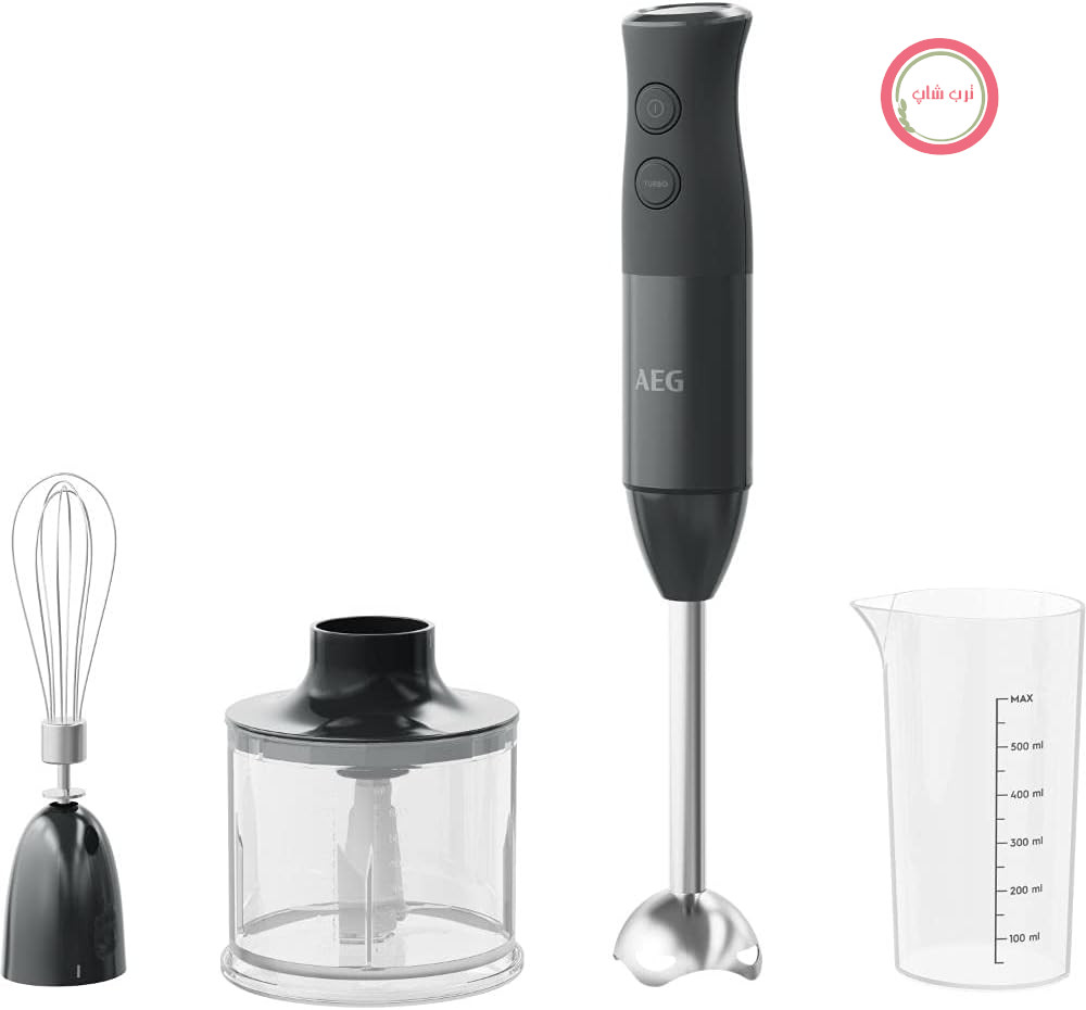 مخلوط کن دستی AEG HB4-1-6GG / 2 تیغه استیل ضد زنگ / شامل لوازم جانبی گسترده / بدون BPA / 2 تنظیمات سرعت / عملکرد توربو / قابل شستشو در ماشین ظرفشویی / استیل ضد زنگ برس خورده / خاکستری گرانیتی