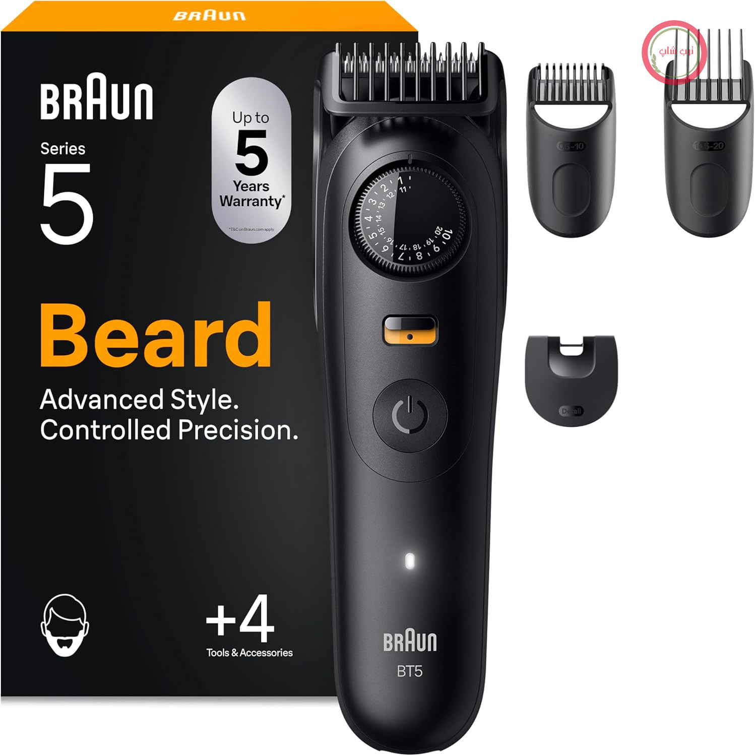 ماشین اصلاح ریش براون سری ۵، ماشین اصلاح ریش مردانه، BT5520، مشکی | ریش تراش بی‌سیم با ۴۰ حالت تنظیم طول، ماشین اصلاح با ۱۲۰ دقیقه عمر باتری، ضد آب، شامل ۴ وسیله جانبی و تیغه فوق‌العاده تیز
