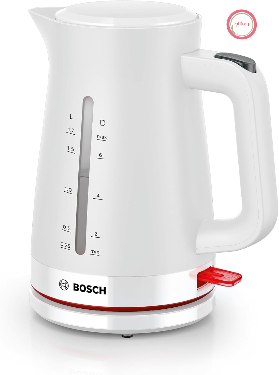 کتری بی‌سیم Bosch MyMoment TWK3M121، خاموش شدن خودکار، محافظت در برابر گرمای بیش از حد، نشانگر فنجان، نشانگر سطح آب در دو طرف، فیلتر رسوب آهک قابل جابجایی، 1.7 لیتر، 2400 وات، سفید مات