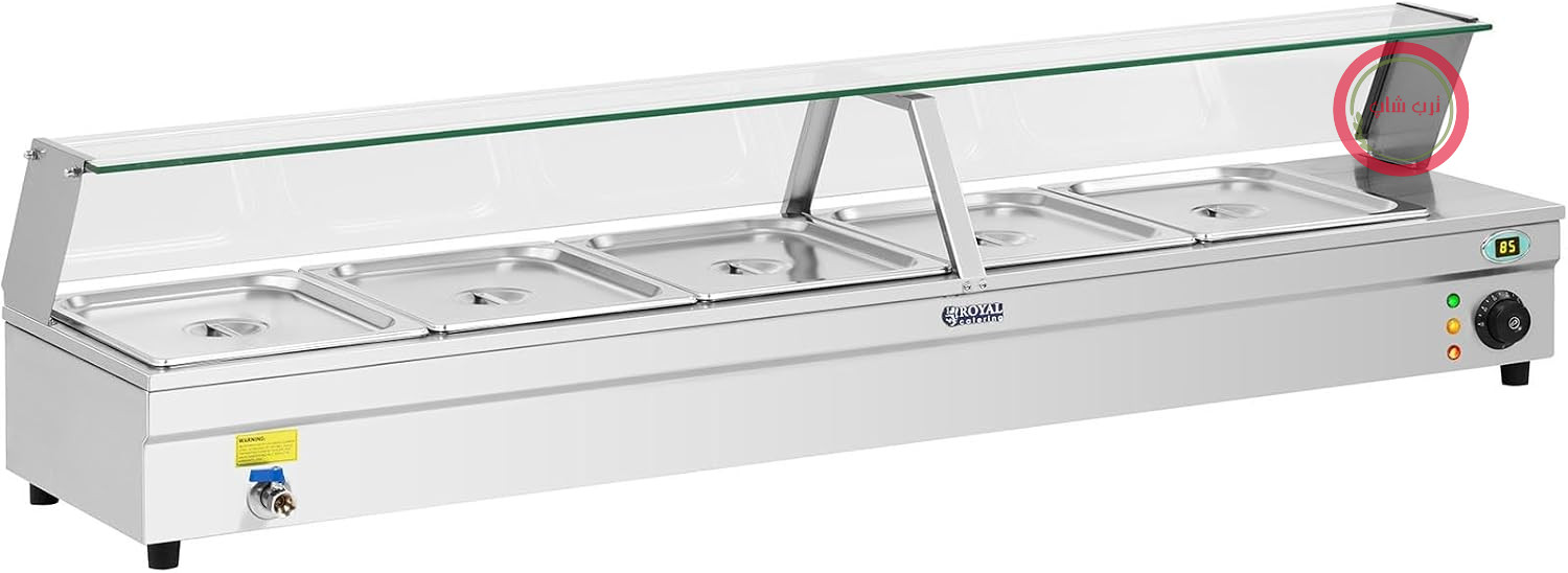 ظرف غذای گرمکن بن ماری Royal Catering مدل Bain Marie مدل RCBM-5 (2200 وات، لگن 5 در 1/2 GN، شیر تخلیه، محدوده دمایی 30 تا 85 درجه سانتیگراد)